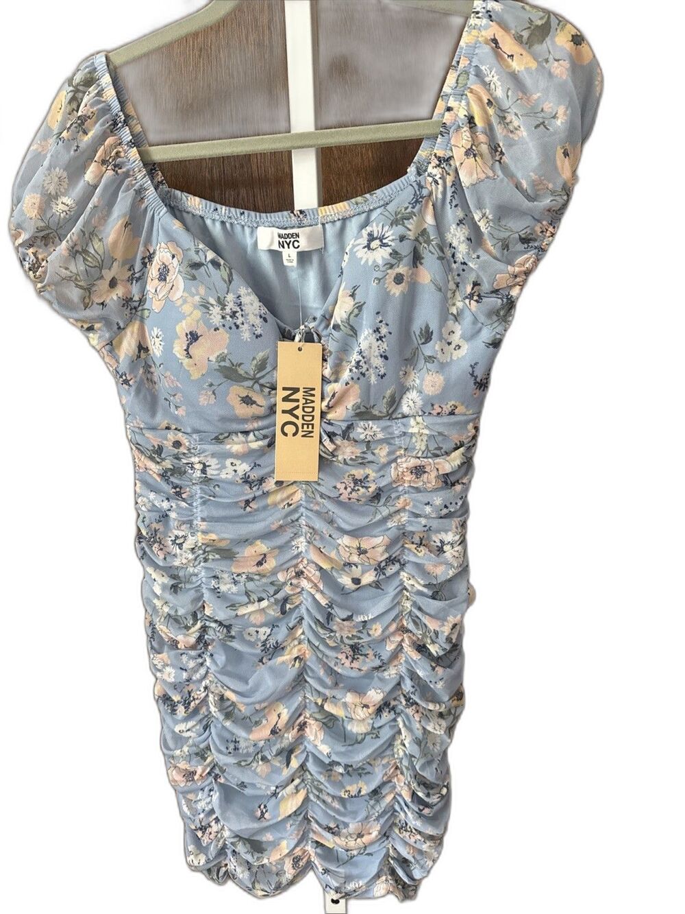 NEW Madden NYC Body Con Dress Sz 11/13 All Over Rouching Blue Floral Bra